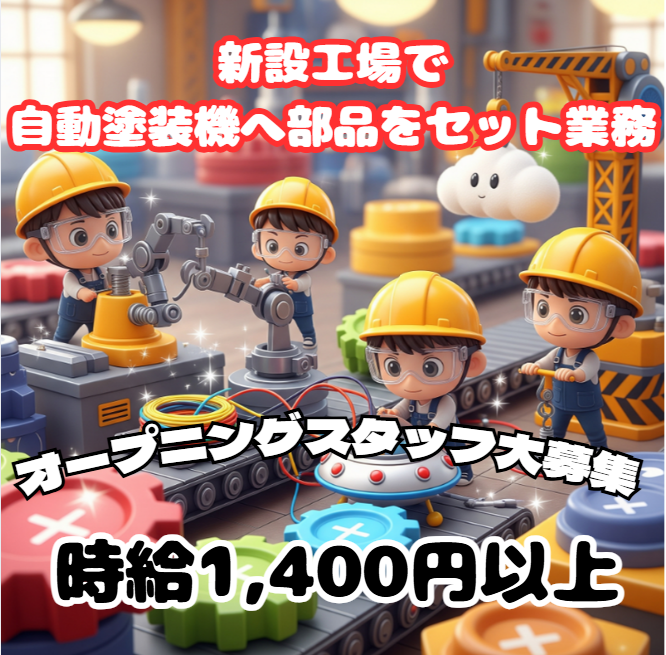 ピカピカ新設工場で自動塗装機へ部品をセット業務